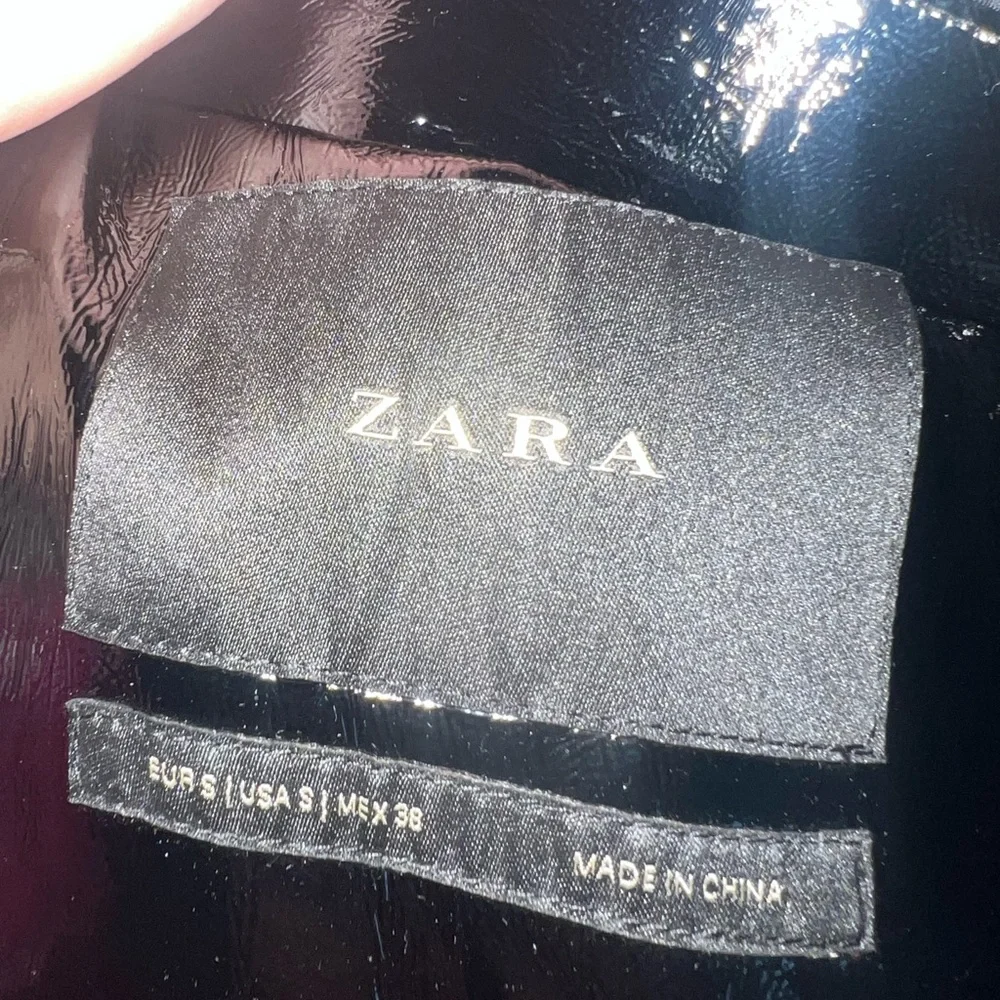 Mens Zara Black Patent Leather Jacket with Red Accents - Size small
